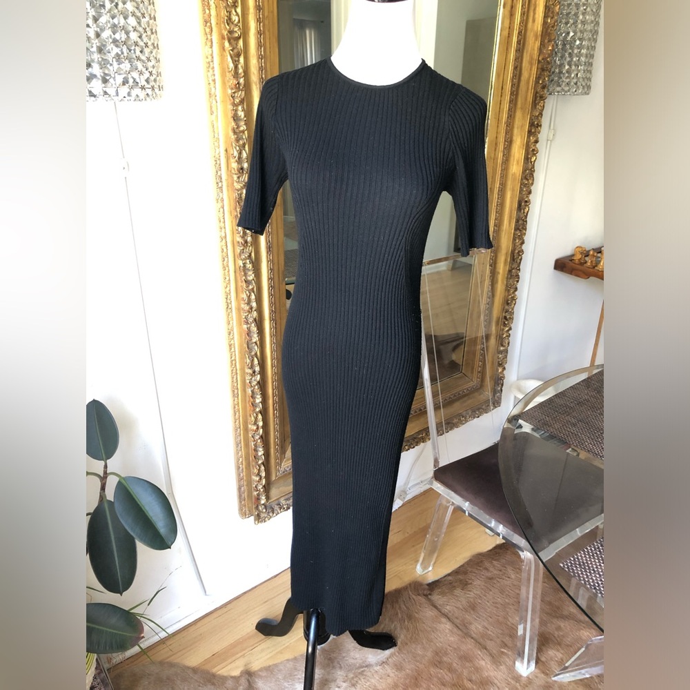Zara Elegant Black knit Ribbed midi Dress size medium